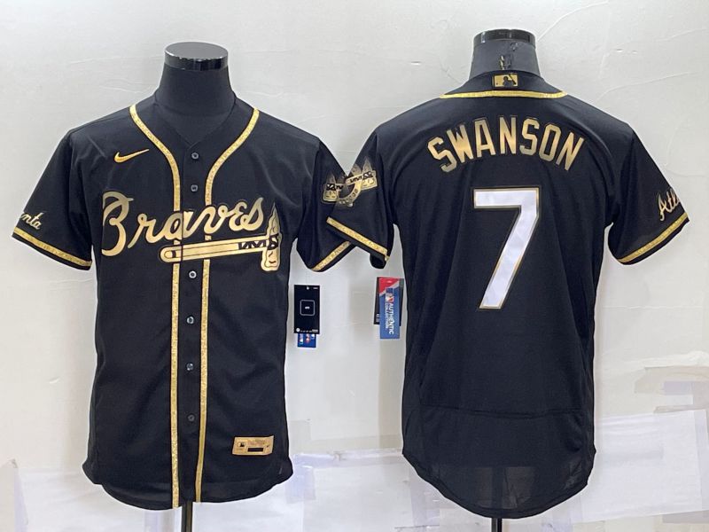 Men Atlanta Braves 7 Swanson Black Gold Elite 2022 Nike MLB Jersey